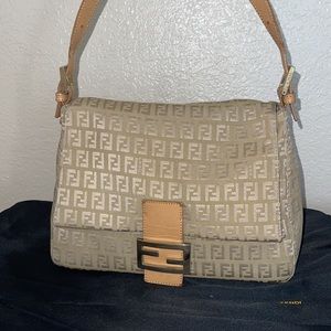 Authentic Fendi zucchini baguette mama shoulder bag hobo purse cream zucca print